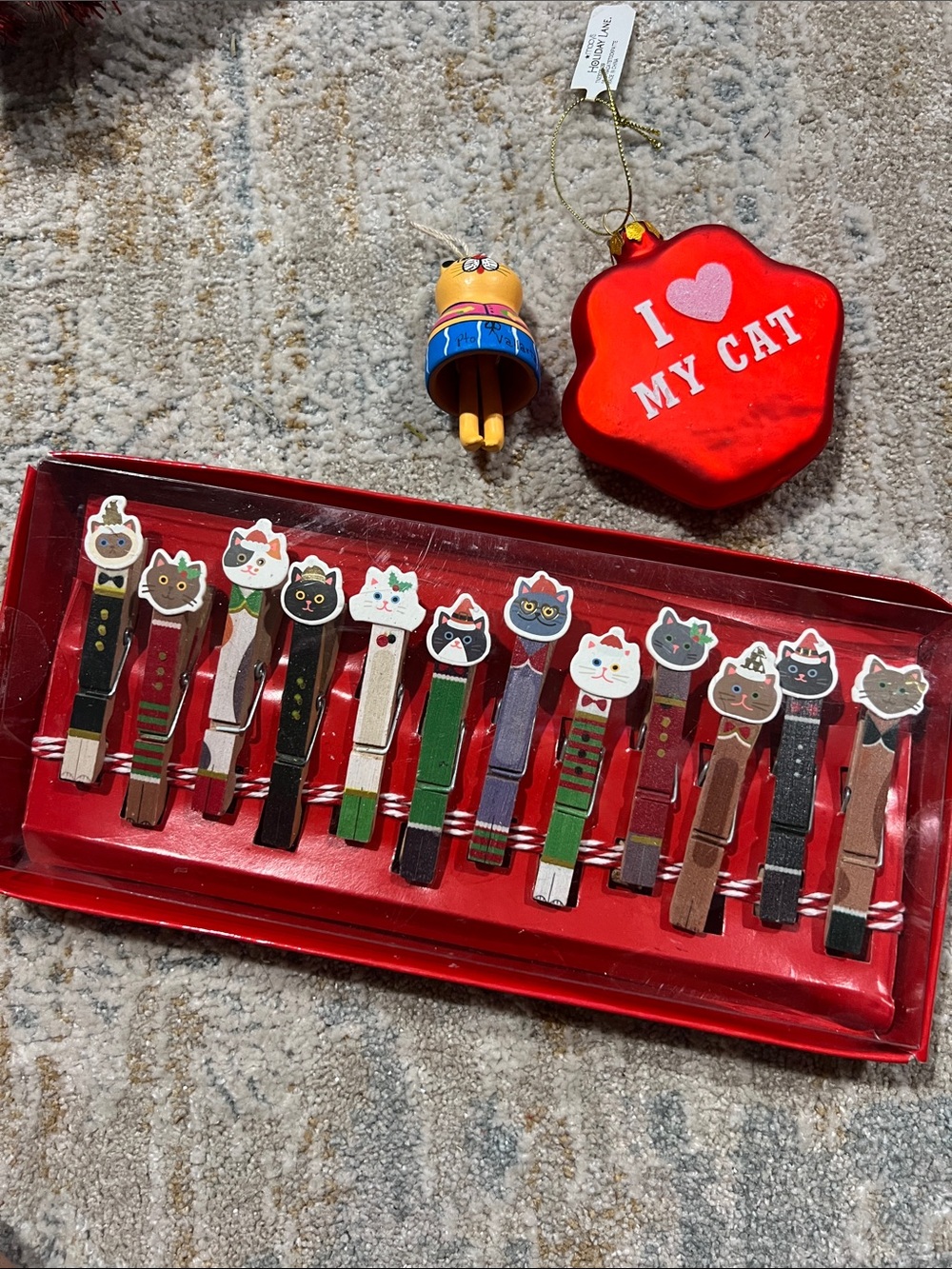 I Love My Cat Red Ornament & Assorted Cat Clothespin Set - Christmas lot